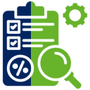 Checklist, magnifying glass, and gear icon