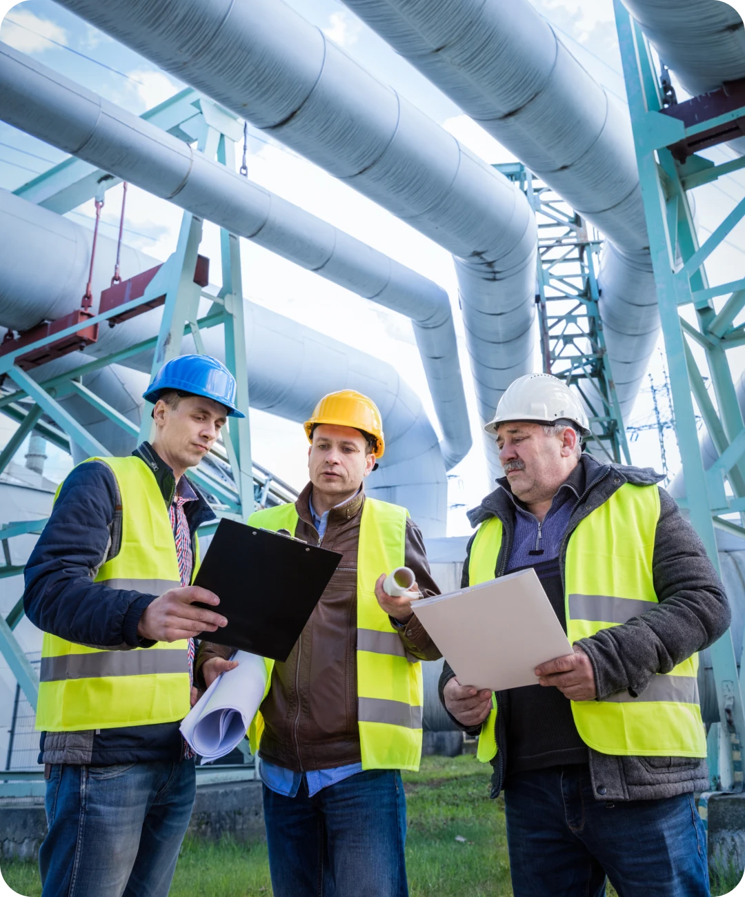 Engineers discussing plans at industrial site